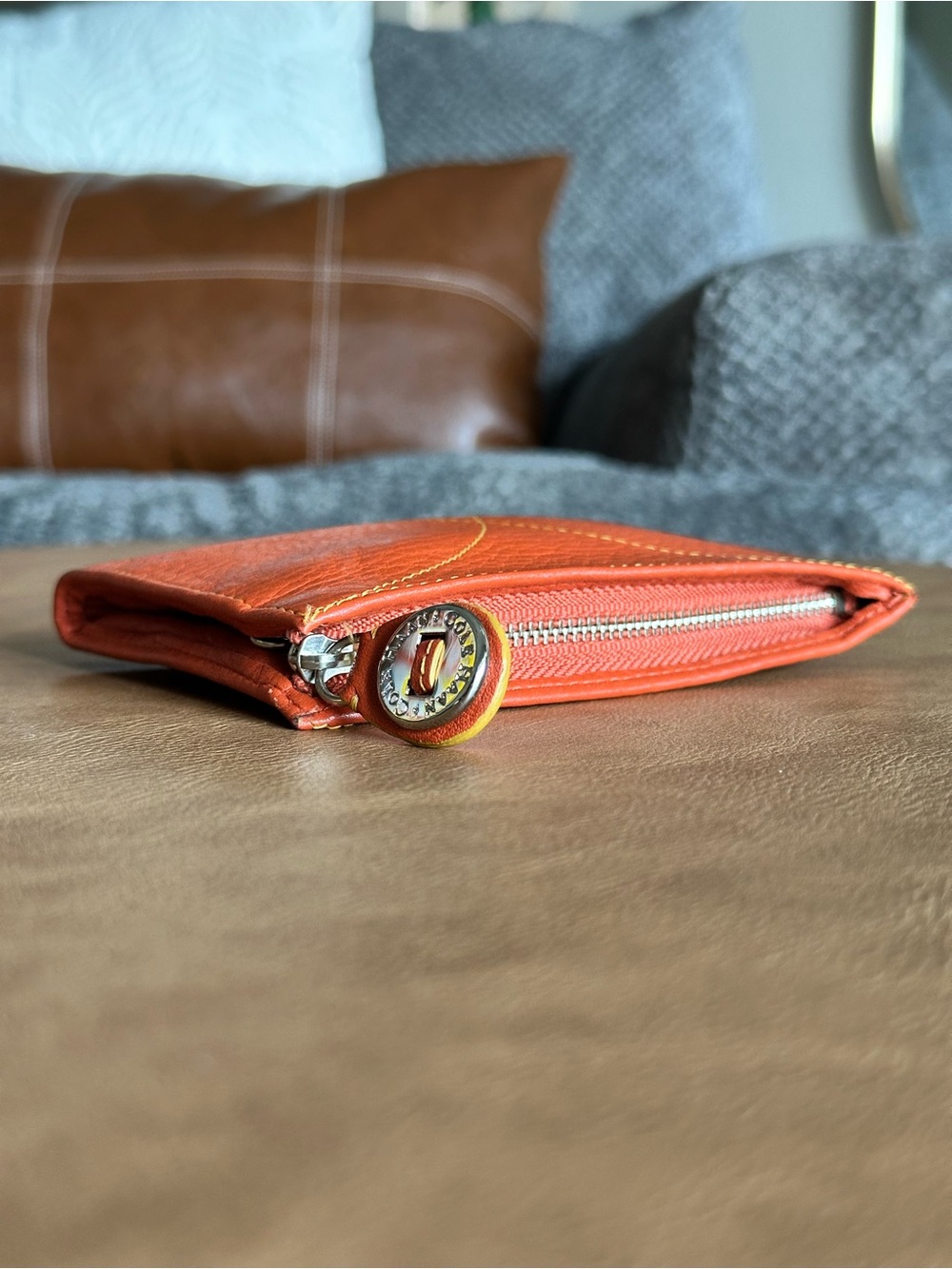 Vintage Cole Haan Pebbled Leather Zip Coin Purse & Key Pouch | Coral Orange - Picture 3 of 8